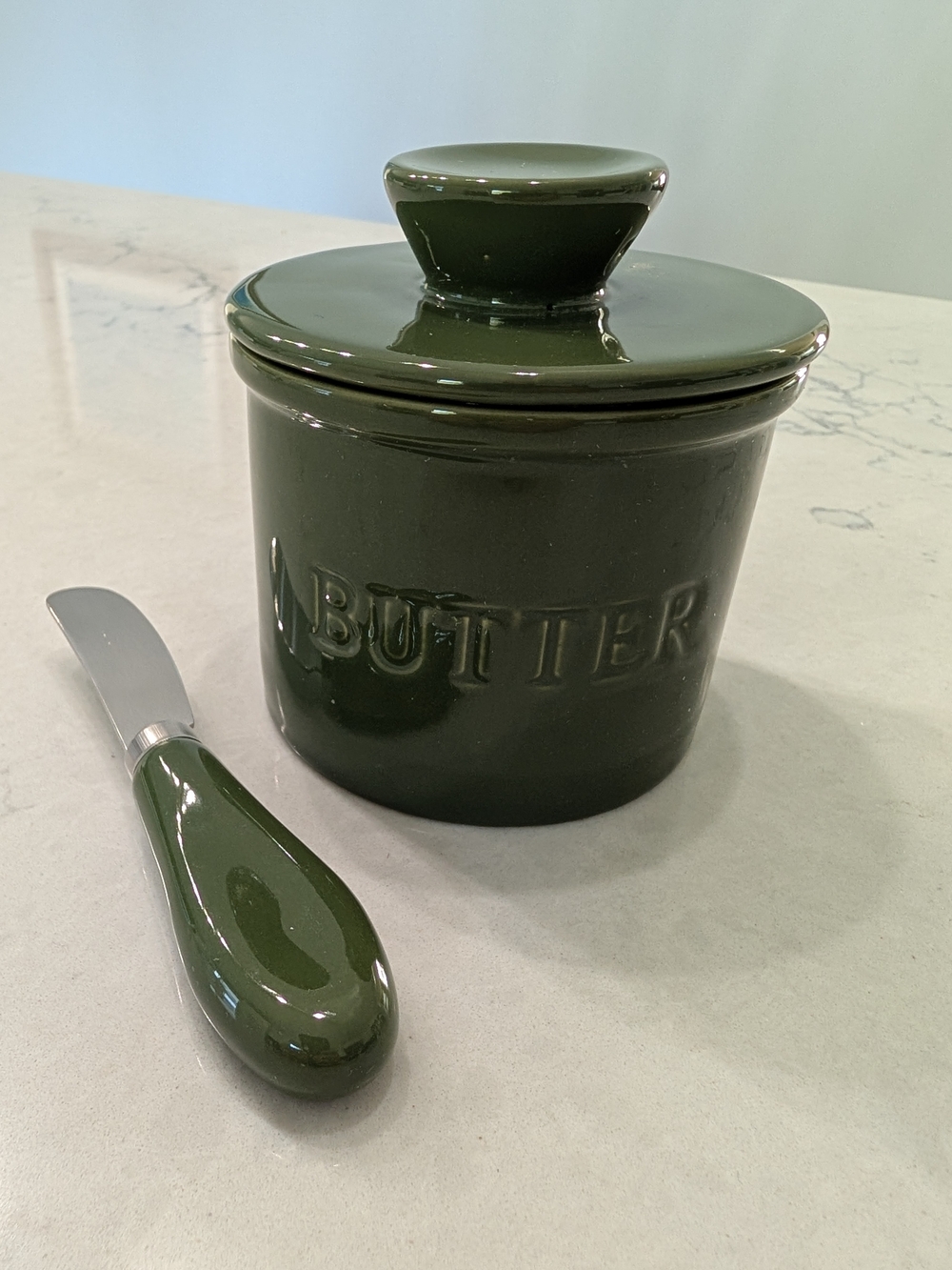 Ceramic Butter Crock with Lid and Spreader - Dark Green